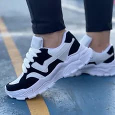 Tênis Feminino Chunky New Branco Preto Camurça Solado Alto Antiderrapante 4060
