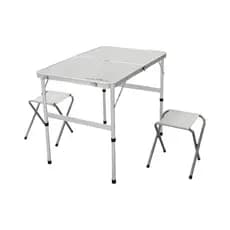 mesa Dobrável com 2 Banquetas Tipo Maleta Alumínio e MDF Leve Resistente Fácil de Transportar