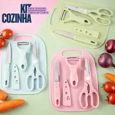 Kit Utensílios de Cozinha 4 Peças Faca Tesoura Descascador Tábua Sortida