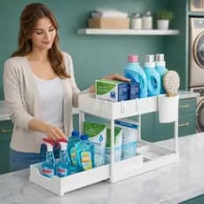 Organizador de Produtos de Limpeza Multiuso 2 Níveis Bandeja Corrediça Prático Resistência Umidade