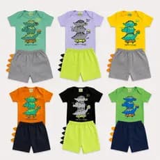 Conjunto De Roupa Bebe Menino 3D Estampa De Dinossauro Body Manga Curta + Bermuda P M G 100% Algodão