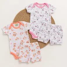 Kit 4 Peças Bebê Menina Body + Tapa Fralda em Ribana Canelada Estampas de Tigrinho Raposinha Unicórnio