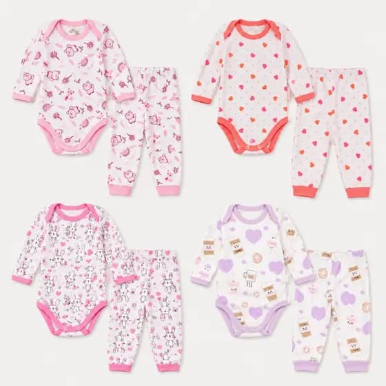 Kit 8 Peças Conjuntos Body Longo Bebê Menina com Calça Algodão Estampado P M G