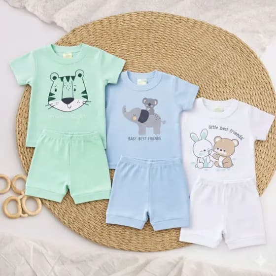 Kit 3 Conjuntos Bebê Menino Ribana Canelada 100% Algodão Estampado P M G