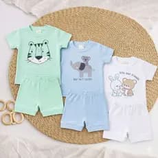 Kit 3 Conjuntos Bebê Menino Ribana Canelada 100% Algodão Estampado P M G