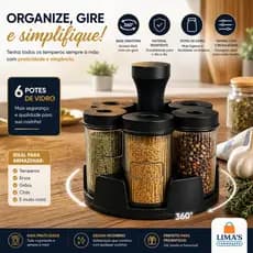 Porta Tempero e Condimento Giratório Organizador Luxuoso Moderno Com 6 Potes de Vidro Para Cozinha Tampa Dosadora