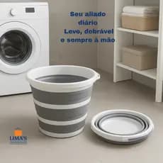 Balde Dobrável Retrátil Tipo Sanfonado Multiuso Com Alça 10 Litros Silicone Branco/Cinza