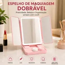 Espelho De Maquiagem Dobrável Portátil Com Led e Organizador Para Lentes