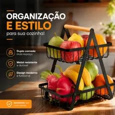 Fruteira 2 Andares Organizador Multiuso Aramado cozinha de chão preta aramada legumes e frutas