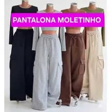 Calça Pantalona Feminina Moletinho Moletom Wide Leg Cintura Alta Cargo Bolsos Confortável Premium