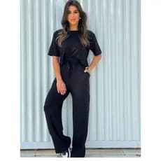 Conjunto Tecido Moletinho Blusa Cropeed  E Calça Pantalona Linha Premium