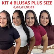 Kit 4 Blusas Canelada Plus Size Gola Alta Com Manga Curta Outono Inverno Promocao