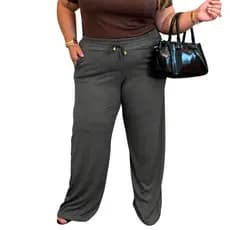 Calça Pantalona Feminina Plus Size com Bolso Cintura Alta Malha Canelada Premium Promoção
