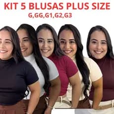 Kit 5 Blusas Canelada Premium Plus Size Gola Alta Com Manga Curta Outono Inverno Promocao