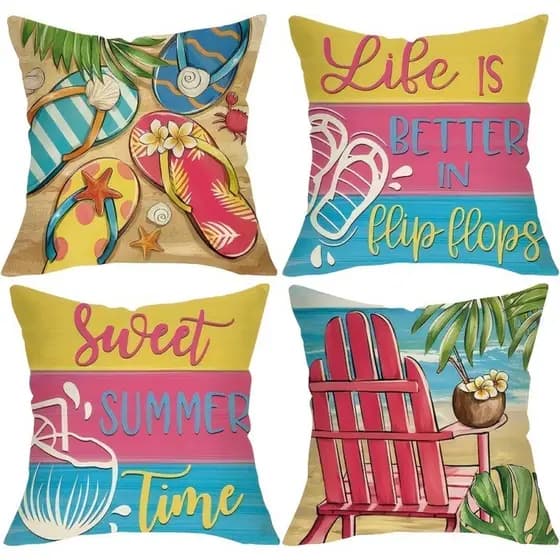 Fronha 1pc Peças Capas De Almofada Para Casa , Estilo Tropical Impresso Com Chinelos E Padrão De Água De Coco , Dupla Fa