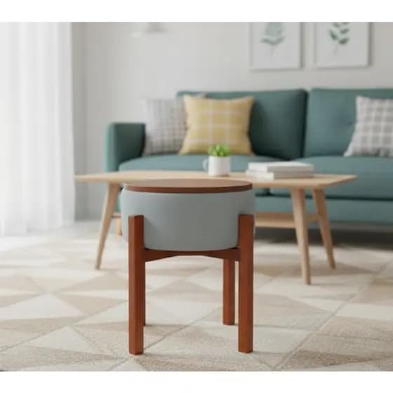 Puff Dual Redondo Em MDF Madeira Premium 1 Unidade Móvel Sofisticado Tecido Linho