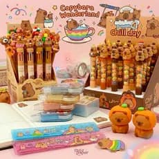 Kit Capivara Material Escolar Fofo Papelaria Kawai Caneta + Régua + Corretivo Estudante Lembrancinha