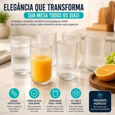 Jogo 6 Copos Canelado 450ml Transparentes Elegantes Para Suco Água Grafiato Mesa Posta Luxo