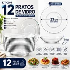 Kit 12 Pratos Fundos de Vidro 23cm Transparentes Resistentes Mesa Posta Elegante Almoço e Jantar