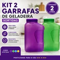 Kit 2 Garrafas de Geladeira com Tampa 2L Coloridas  Resistentes de Plástico Doméstico 2L Água e Suco