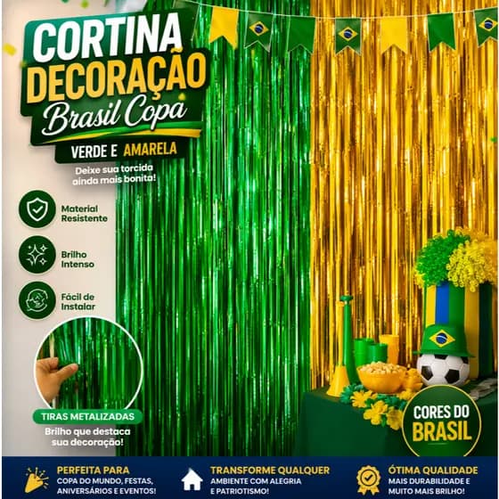 KIT 2 Cortinas Metalizadas Brasil Copa do Mundo Verde Amarelo Decoração Festa Torcida