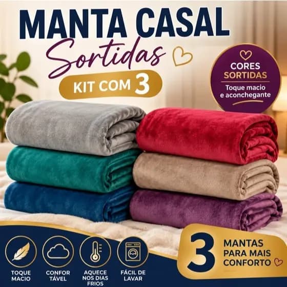Kit Manta Lisa Casal Sortidas Toque Macio Cobertor Leve Confortável Sofá Cama Inverno Quentinha