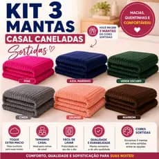 Kit 3 Mantas Casal Caneladas Lisas Sortidas Macias Confortáveis para Sofá Cama Inverno Antialérgica