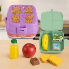 Lancheira Dupla com 4 Divisórias Infantil Safari Capivara e Lanche Marmita Lanche Escolar Marmitinha