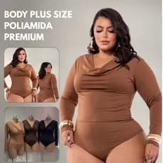 Body Plus Size Manga Longa em Poliamida Premium Tecido Duplo Macio e Confortável Zero Transparência Estiloso