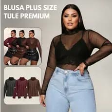 Blusa Tule Plus Size Gola Alta Segunda Pele Premium Com Elastano GG e G1 Elegante Confortável Tendência Não Amassa