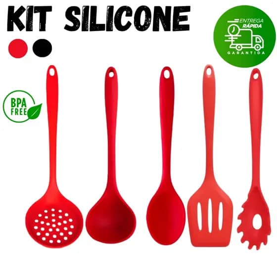 Kit Vermelho 5 Peças De Silicone Espátula Concha Escumadeira Colher Espátula Vazada Para Cozinha