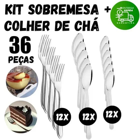 Kit 36 Peças Colher Chá Colher e Garfo de Sobremesa Talheres de Inox Cafeteria Restaurantes Bares Cozinha Hotéis