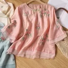 Blusa Feminina Elegante Bordada Floral 2026, Tamanho Grande, Solta, Estilo Chinês RGLJ