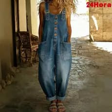 Macacão Jeans Vintage Desgastado para Mulheres com Corte Solto e Fivela Ajustável