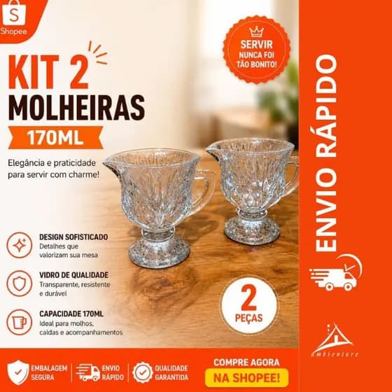 Kit 2 Molheira De Vidro Com Alça 170ml Cremeira Molhos Azeite Alta Qualidade Premium Mesa Posta Envio Rápido