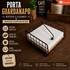 Porta Guardanapo de Base em Madeira e Metal Fosco Mesa Posta Rústico Envio Rápido