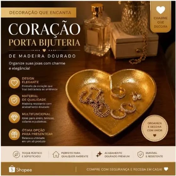 Bandeja Coração Porta Bijuterias Chaves Expositor 16cm Madeira Dourado Envio Rápido
