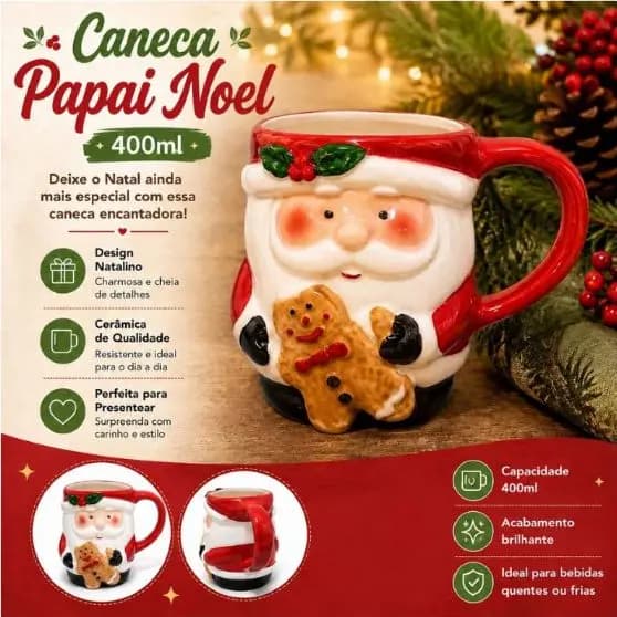 Caneca Papai Noel 400ml Linda Decora Mesa De Natal Envio Rápido Mesa Posta