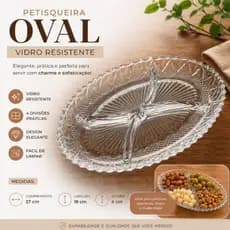 Petisqueira Oval Vidro Resistente c/ 4  Divisões Servir Petiscos Doces Premium Linda Envio Rápido