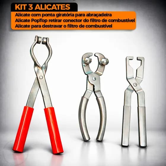 Kit 3 Alicates Ponta Giratória Abraçadeira PopTop Retirar Conector Filtro Combustível Destravar Filtro Combustível