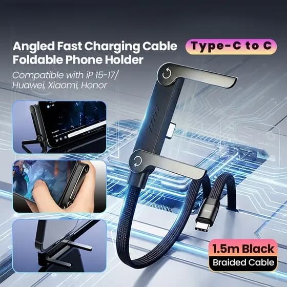 Cabo Carregador USB-C 2 em 1 com Suporte para Celular, Dobrável, Trançado, Tipo C para Tipo C, 1,5m