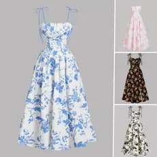 Vestido Midi Elegante para Mulheres com Estampa Floral Romântica Sem Mangas FSYM