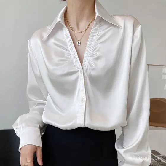 Camisa feminina de cetim acetato branco, design exclusivo, blusa plissada com decote em V para primavera e outono, top c