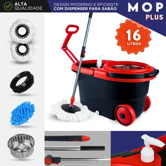 Mop Giratório 16 Litros Vermelho com Rodas e Alça Balde Centrífuga Inox Cabo Ajustável 160cm + Refil