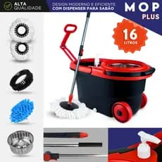 Mop Giratório 16 Litros Vermelho com Rodas e Alça Balde Centrífuga Inox Cabo Ajustável 160cm + Refil