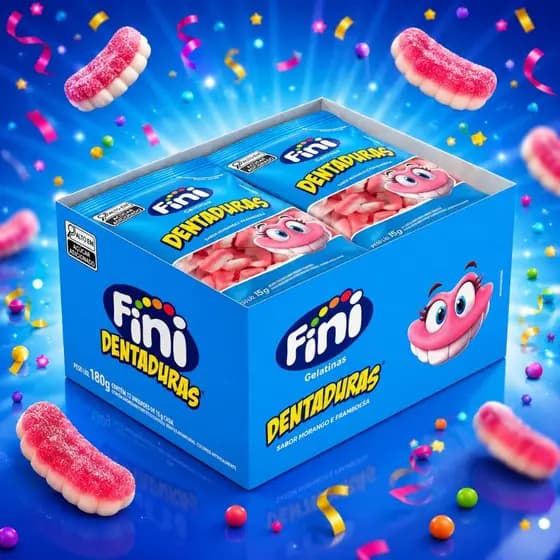 Balas Fini 15g Mini Dentaduras Gelatina Morango Framboesa Caixa Com 12 Unidades