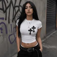Camiseta Feminina Baby Look Estampada Cruz Gótico Dark  Streetwear Confortável Algodão
