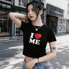 Camiseta Baby Look Minimalista Y2K Estampada I Love Me Algodão Justinha Tendencia Soft Girl