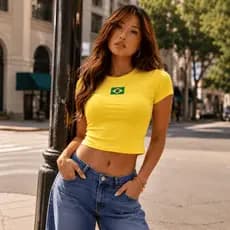 Camiseta Baby Look Feminina Brasil Copa Bandeira Estampada Casual Algodão Viral