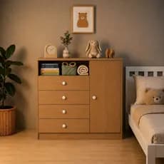 Cômoda Infantil 4 Gavetas 1 Porta E Nicho Para Quarto de Criança Bebe Canela Lume Petit Casa Dee